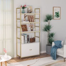 Gold bookshelf; 4 tier white standard bookshelf with storage cabinets; modern iron bookshelf with door display shelf for home office; white gold (Color: platinum)