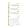 Gold bookshelf; 4 tier white standard bookshelf with storage cabinets; modern iron bookshelf with door display shelf for home office; white gold